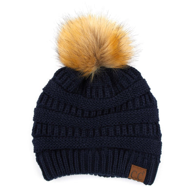 Solid Ribbed Fur Pom Beanie