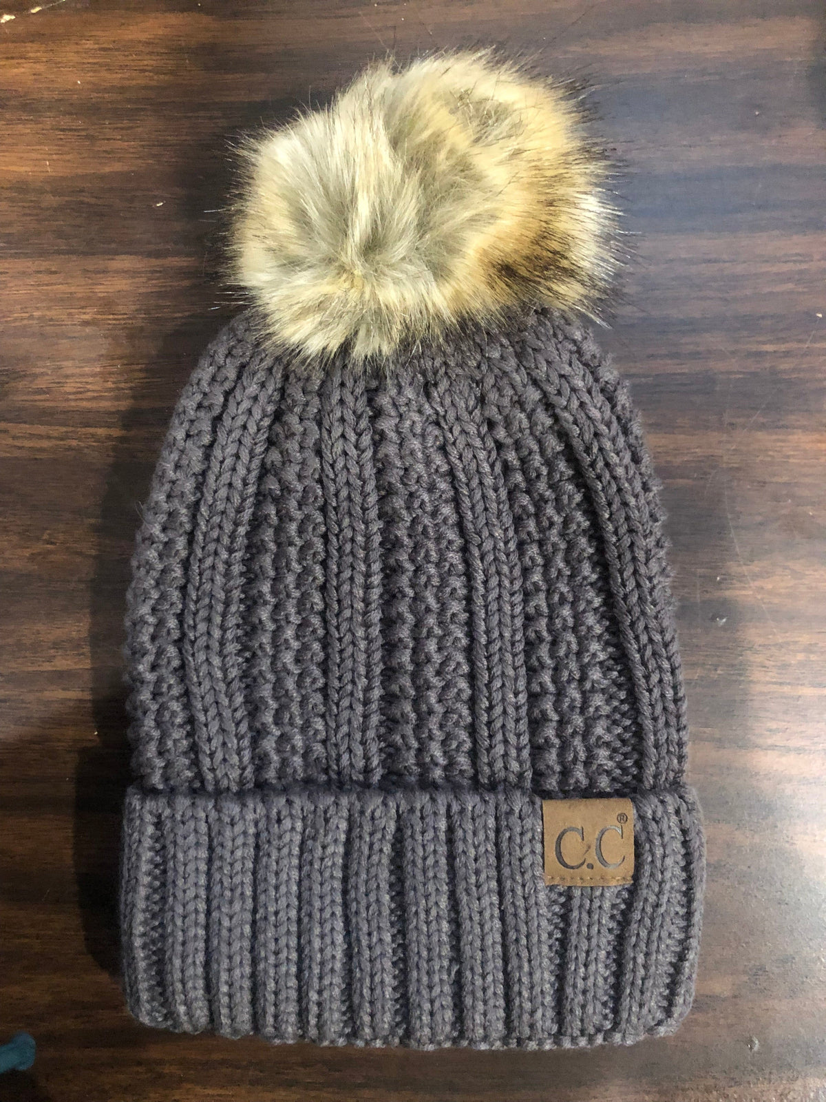Earth Grey Fuzzy Lined Fur Pom CC Beanie
