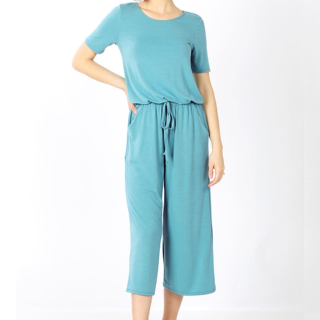 Teal capri pocket jumpsuit with drawstring waist