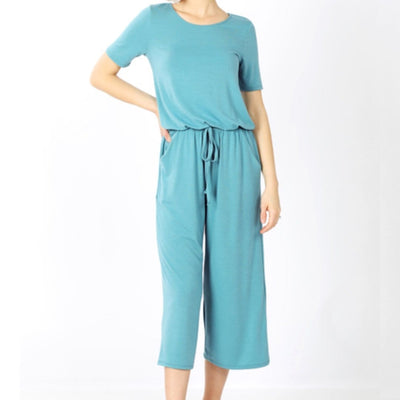 Teal capri pocket jumpsuit with drawstring waist