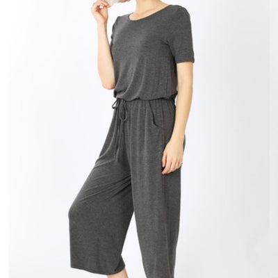 Gray capri jumpsuit with drawstring waist