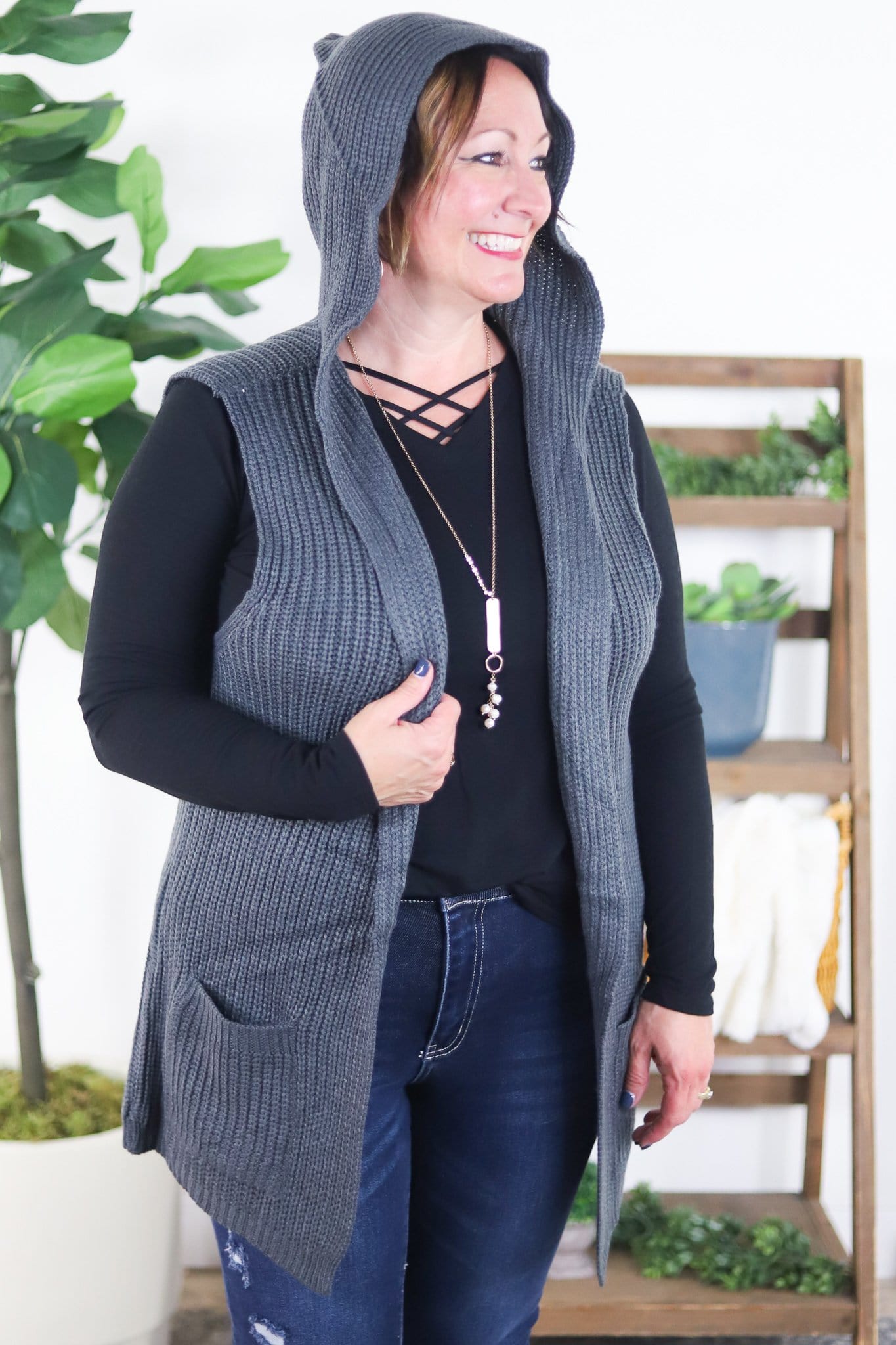 Solid Knit Hooded & Pocket Vest