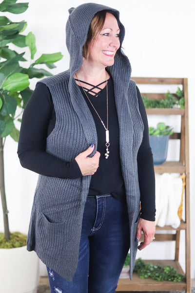 Solid Knit Hooded & Pocket Vest
