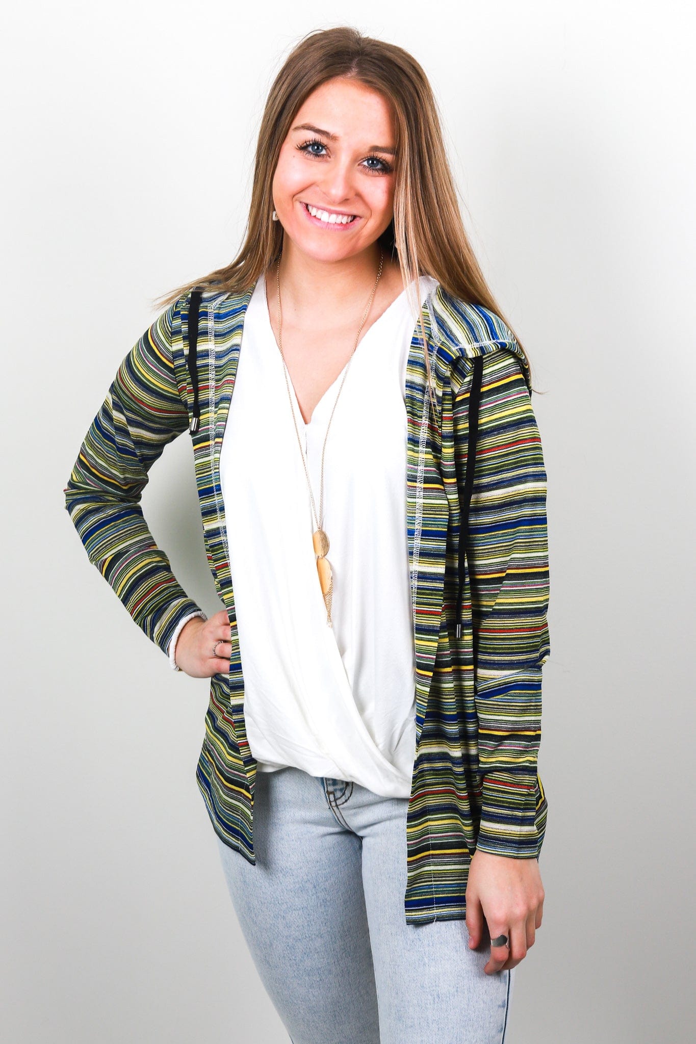 Green Multi Stripe Light Weight Hoodie