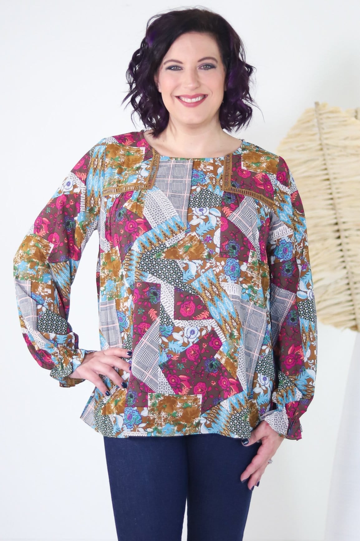 Patchwork Keyhole Button Back Top