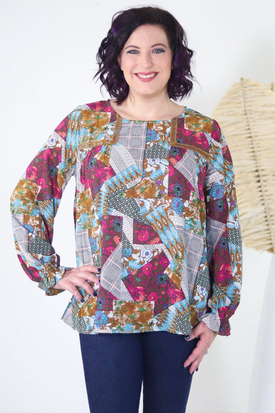 Patchwork Keyhole Button Back Top