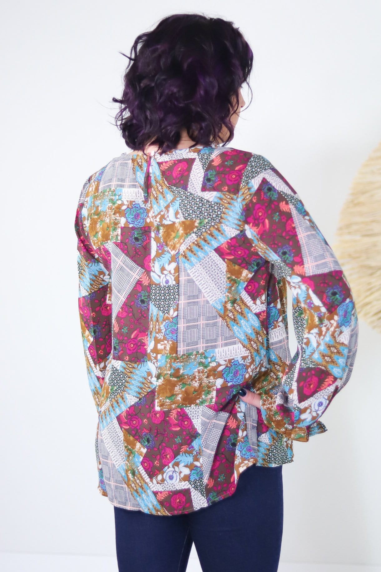 Patchwork Keyhole Button Back Top