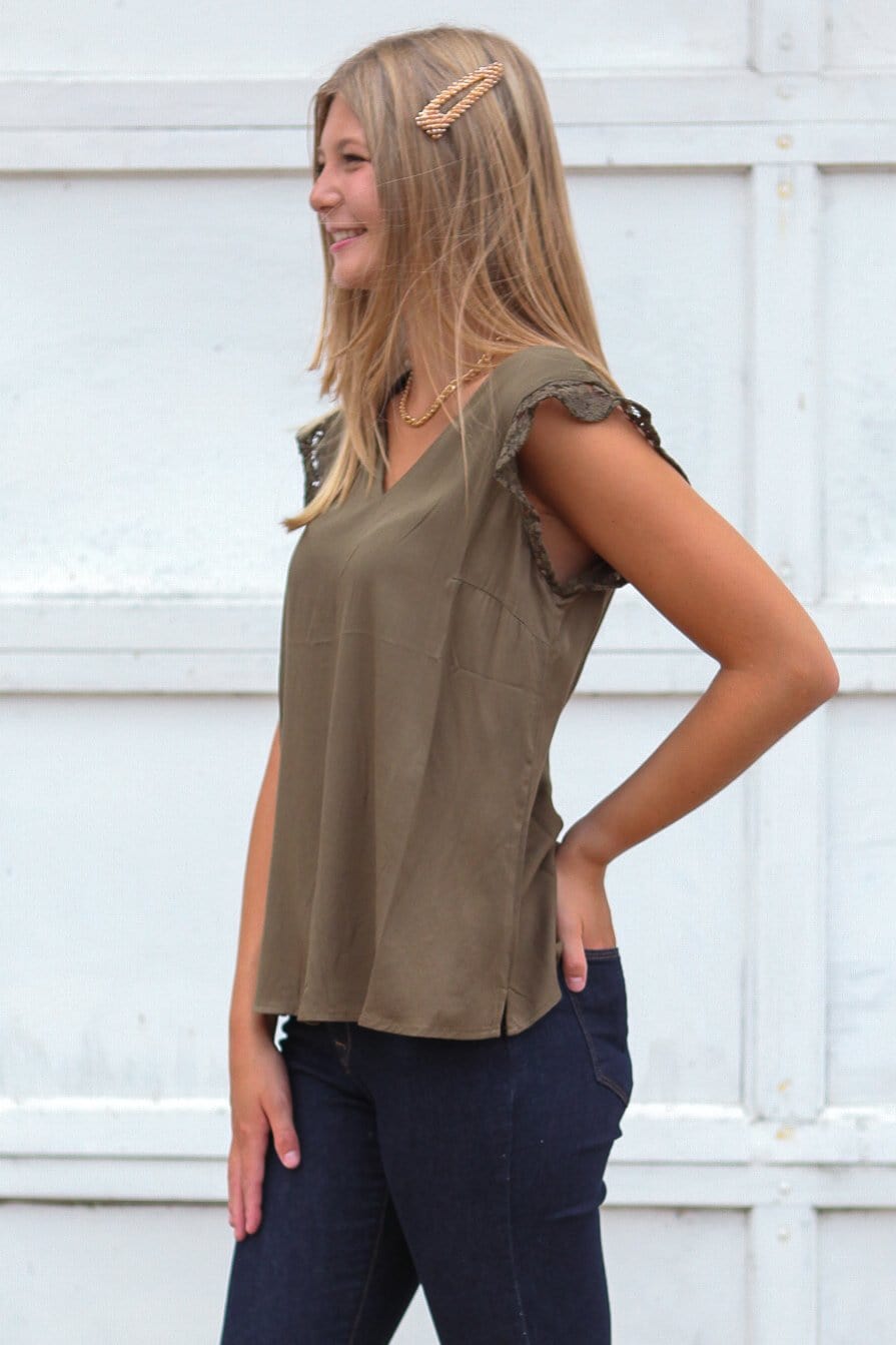 Olive Lace Cap Sleeve Top