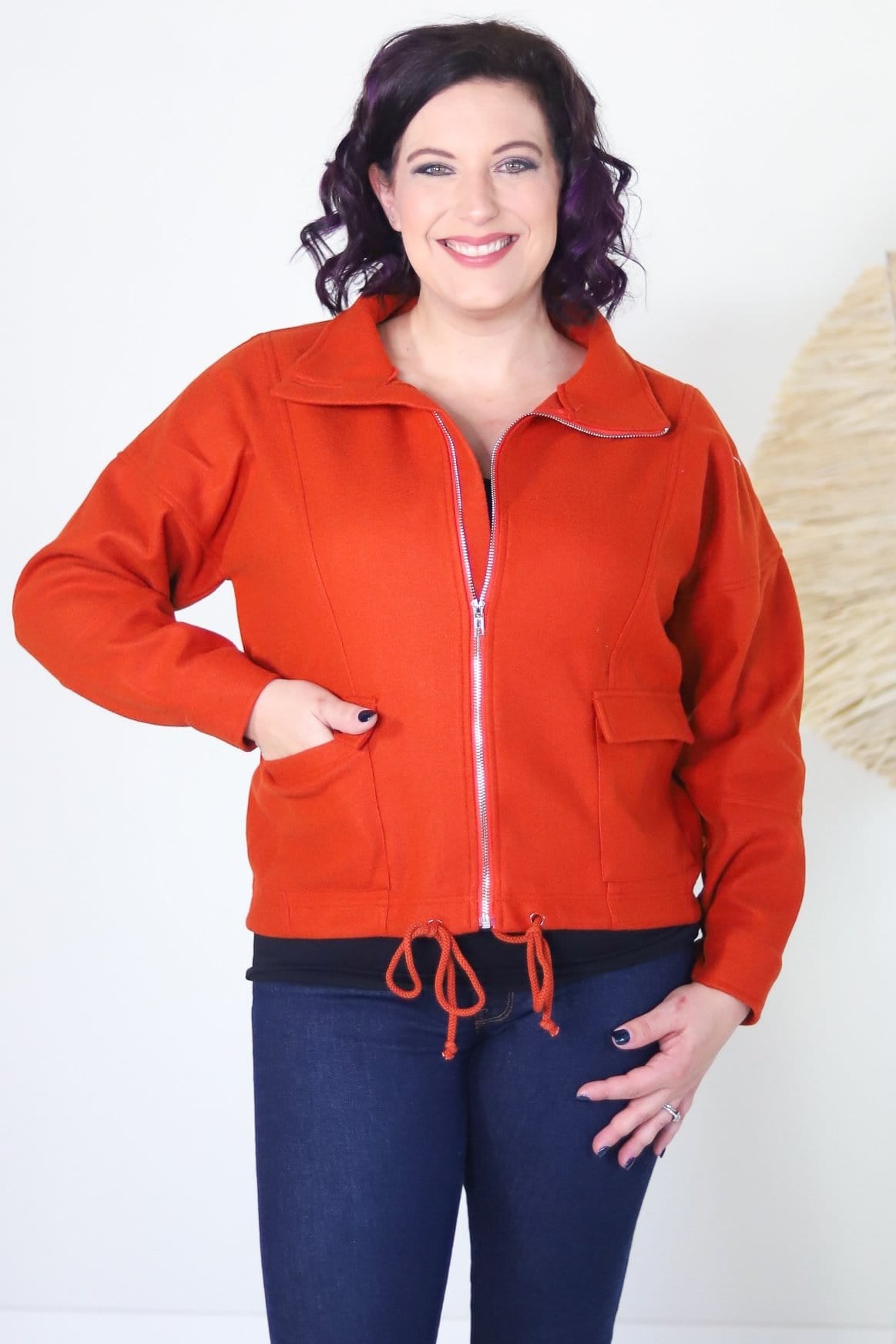 Rust Collared Drawstring Hem Jacket