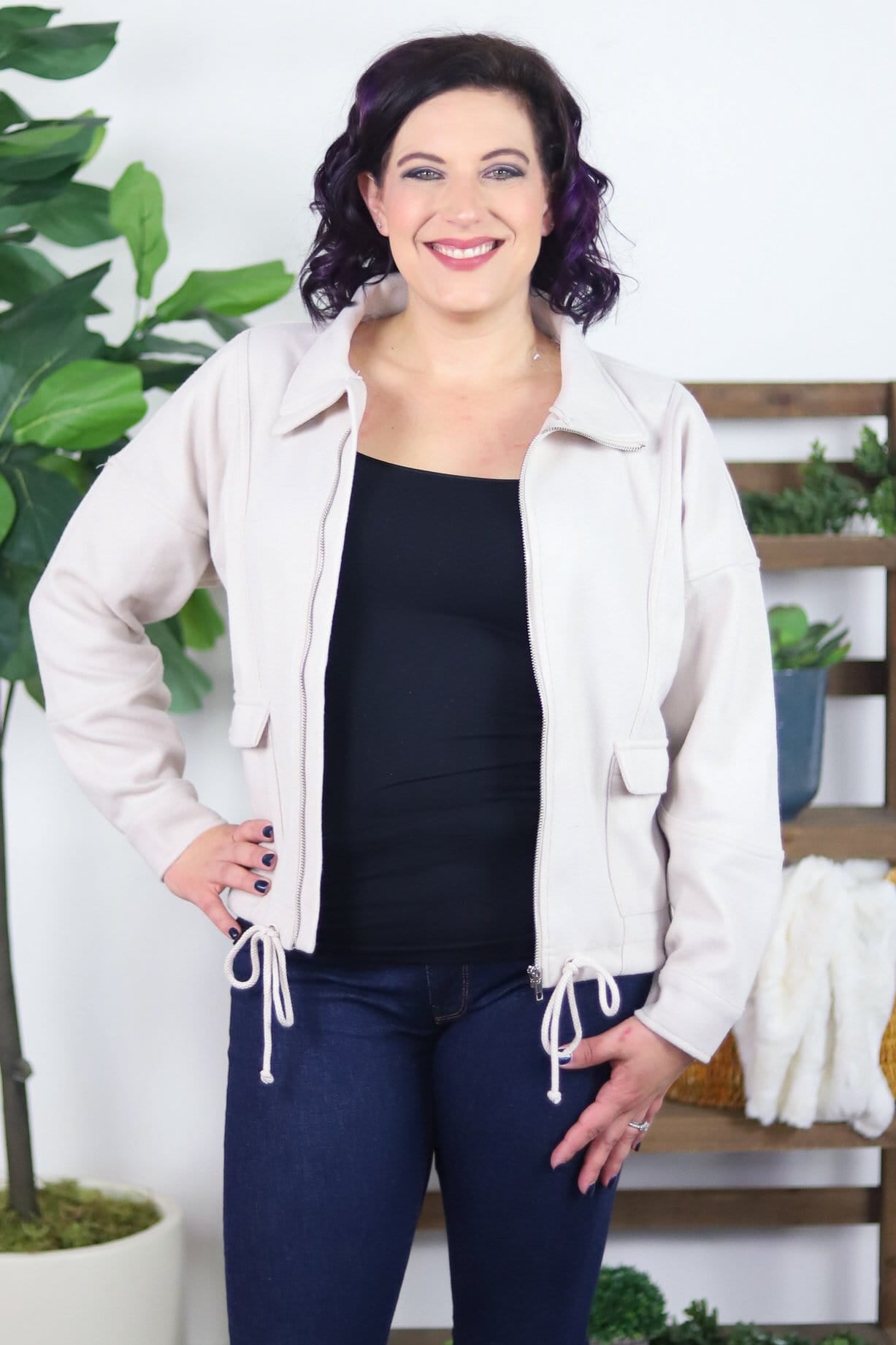 Bone Collared Drawstring Hem Jacket