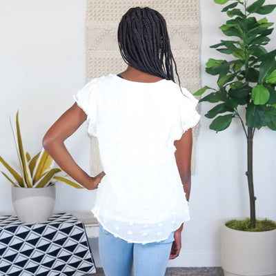Off White Woven Keyhole Flutter Top