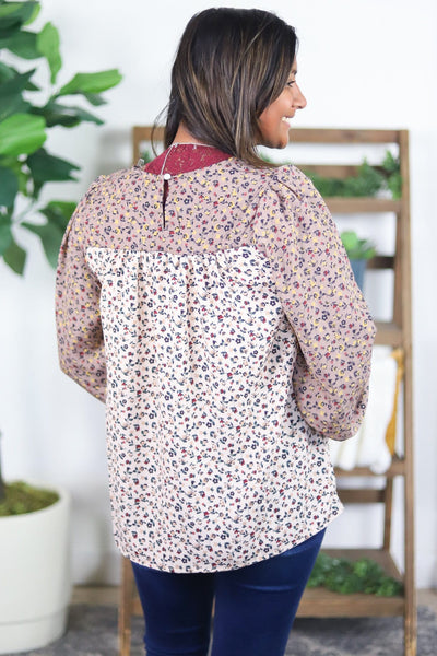 Taupe Mocha Floral Babydoll Blouse
