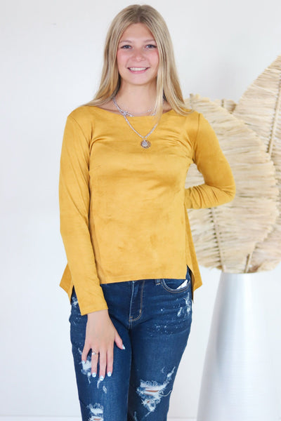 Mustard Long Sleeve Suede Top