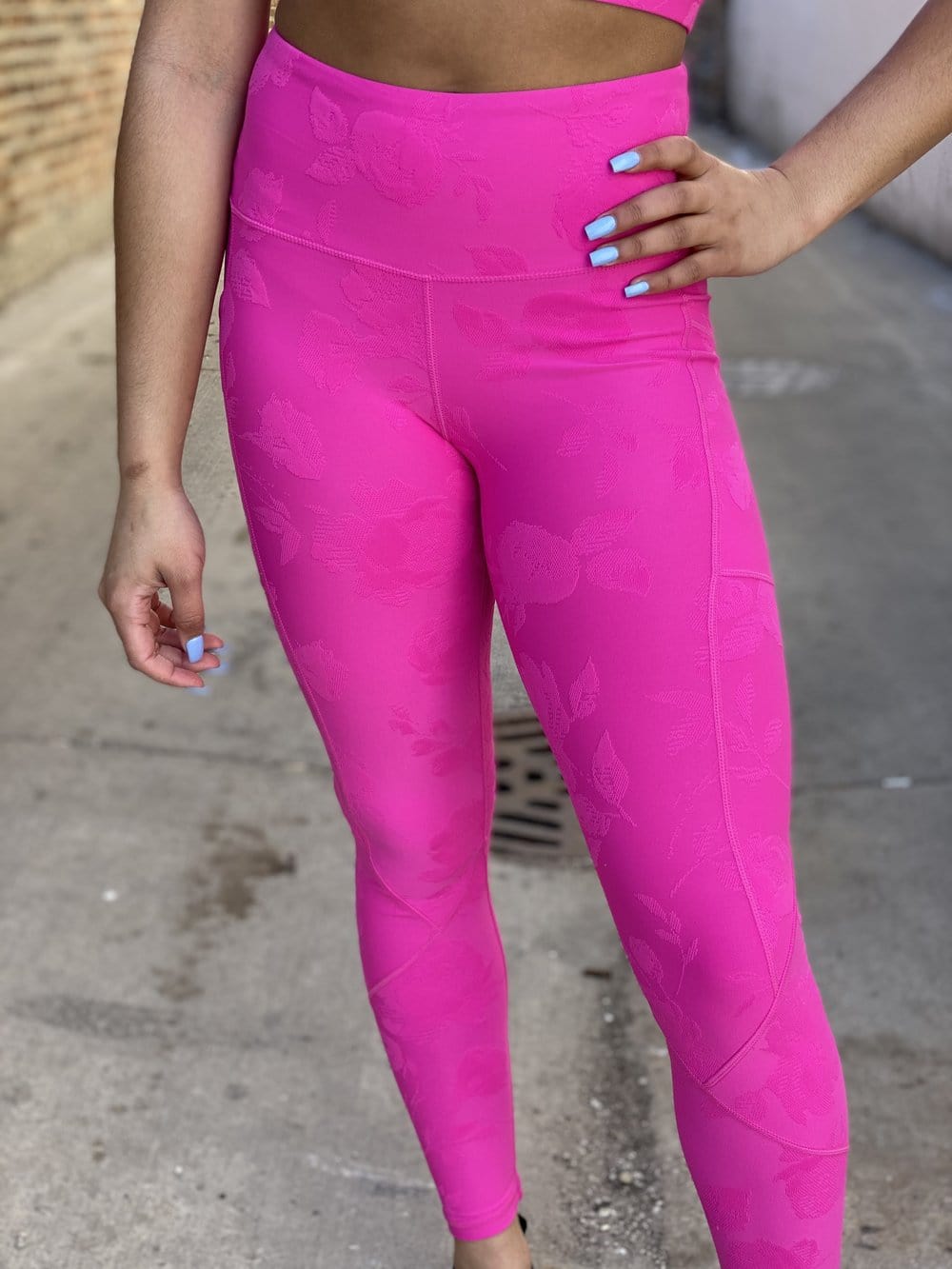 Hot Pink Texured Roses Highwaist Capri Legging