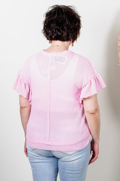 Pink Waffle Knit Flutter Sleeve Top