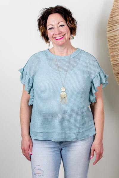 Mint Waffle Knit Flutter Sleeve Top