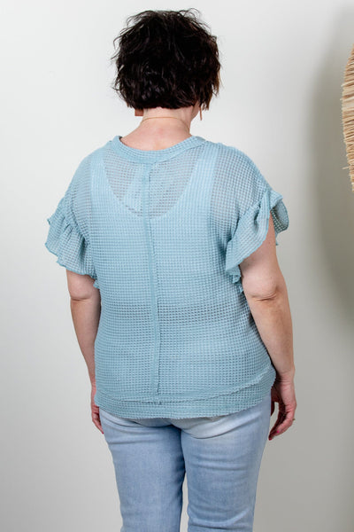Mint Waffle Knit Flutter Sleeve Top
