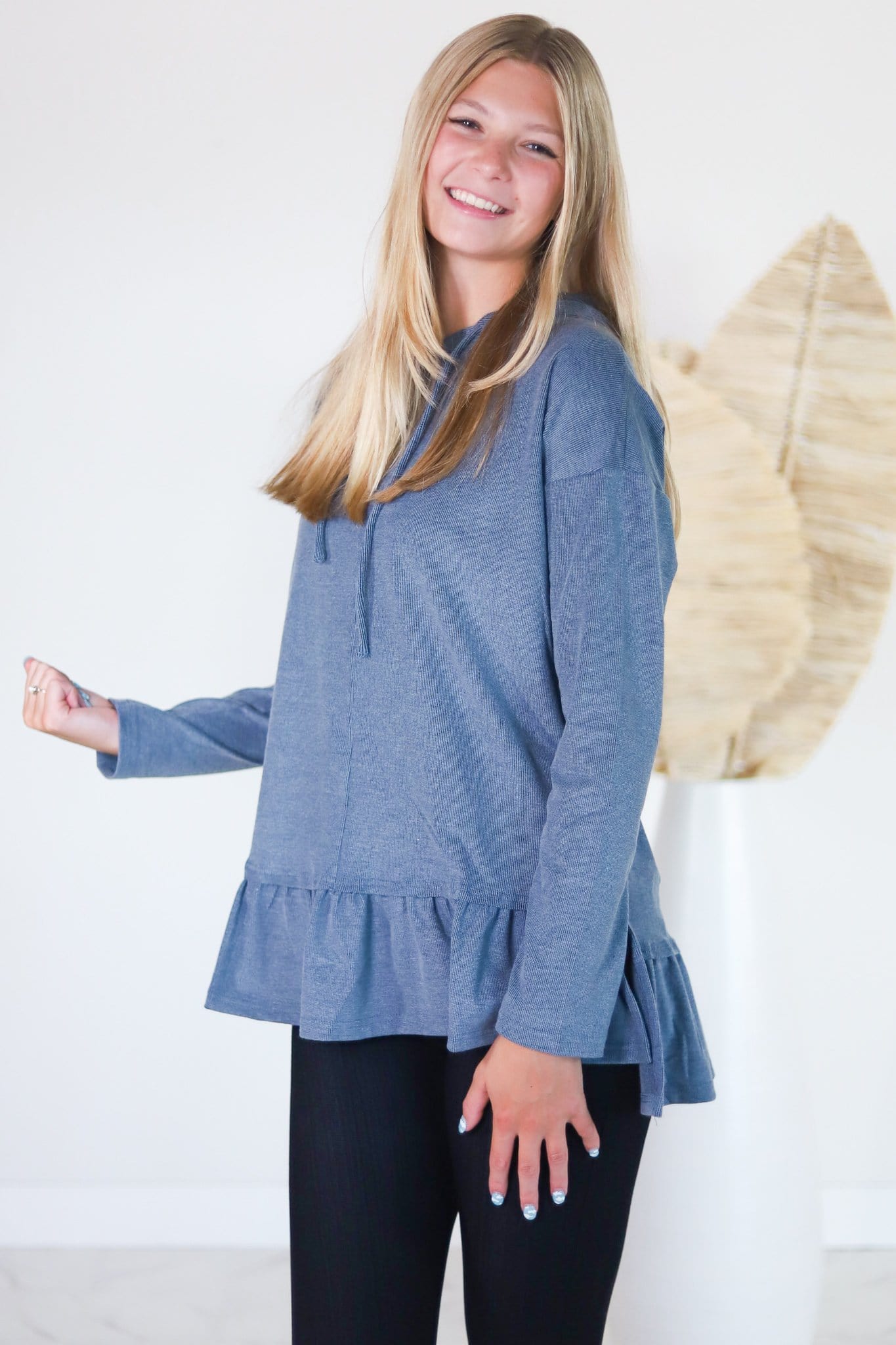Ribbed Ruffle Hem Hooded Top