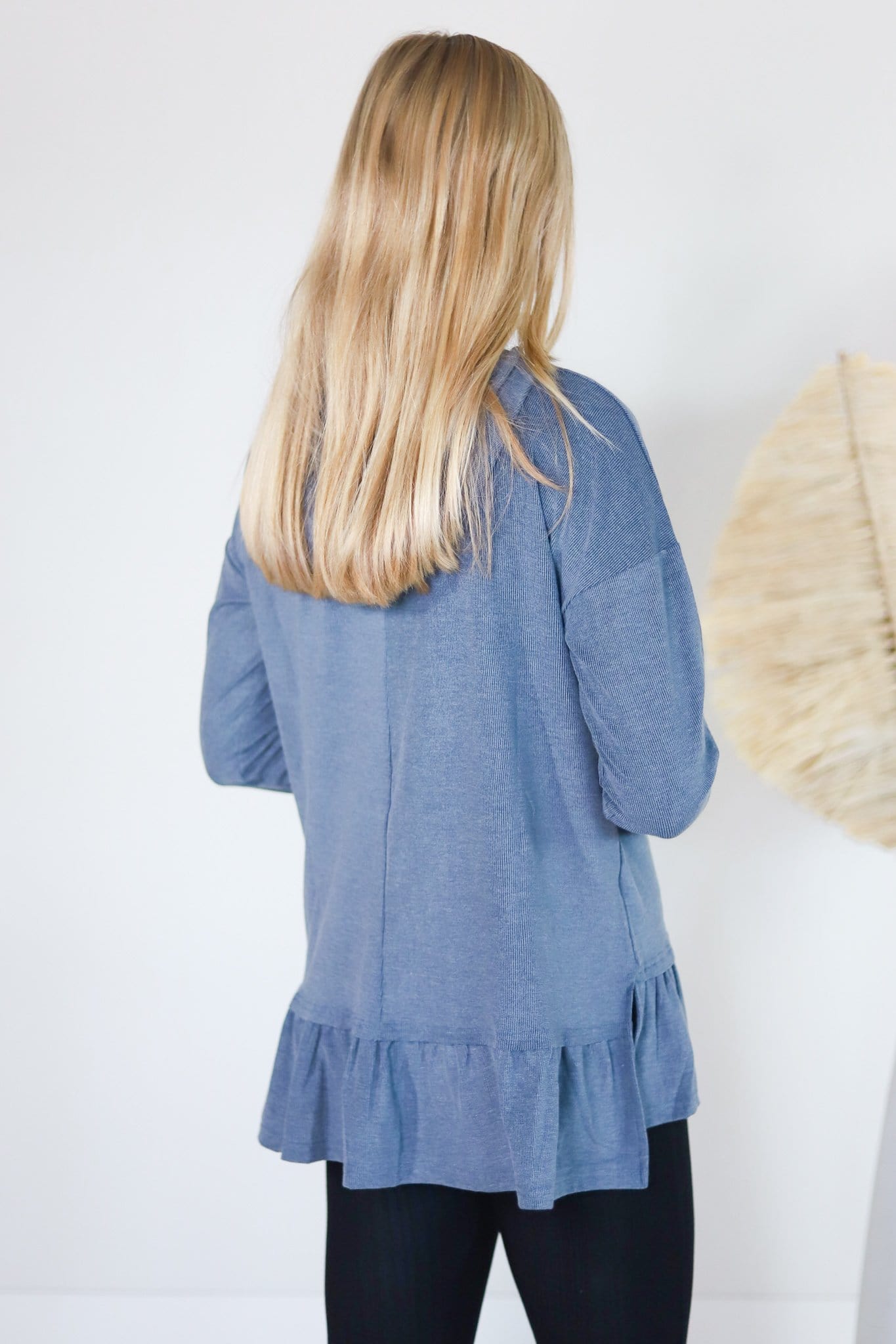 Ribbed Ruffle Hem Hooded Top