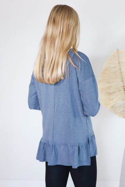 Ribbed Ruffle Hem Hooded Top