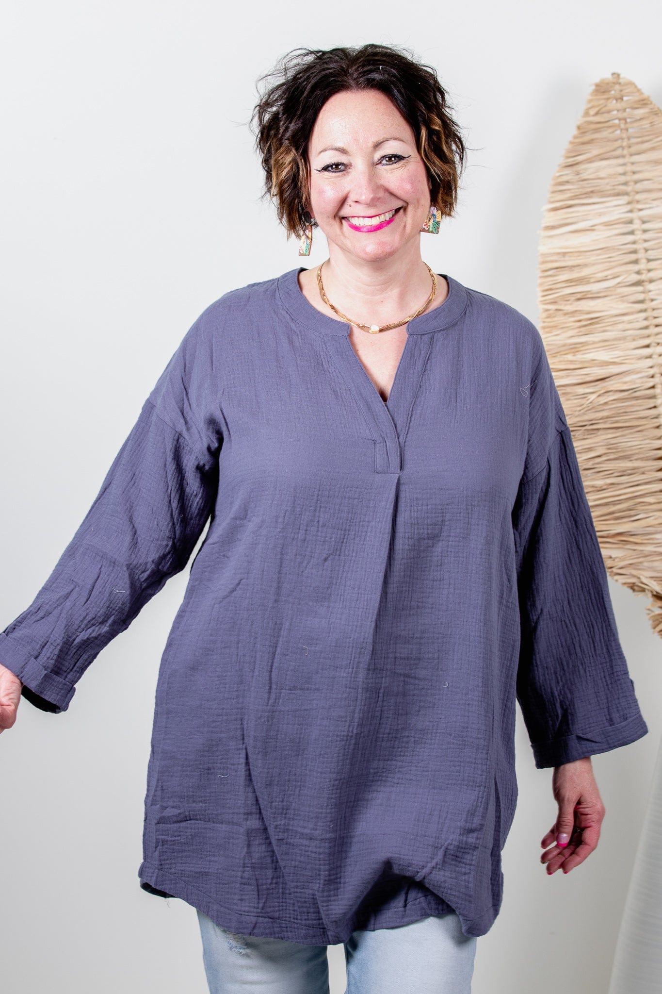 Denim Gauze Knit Tunic Top