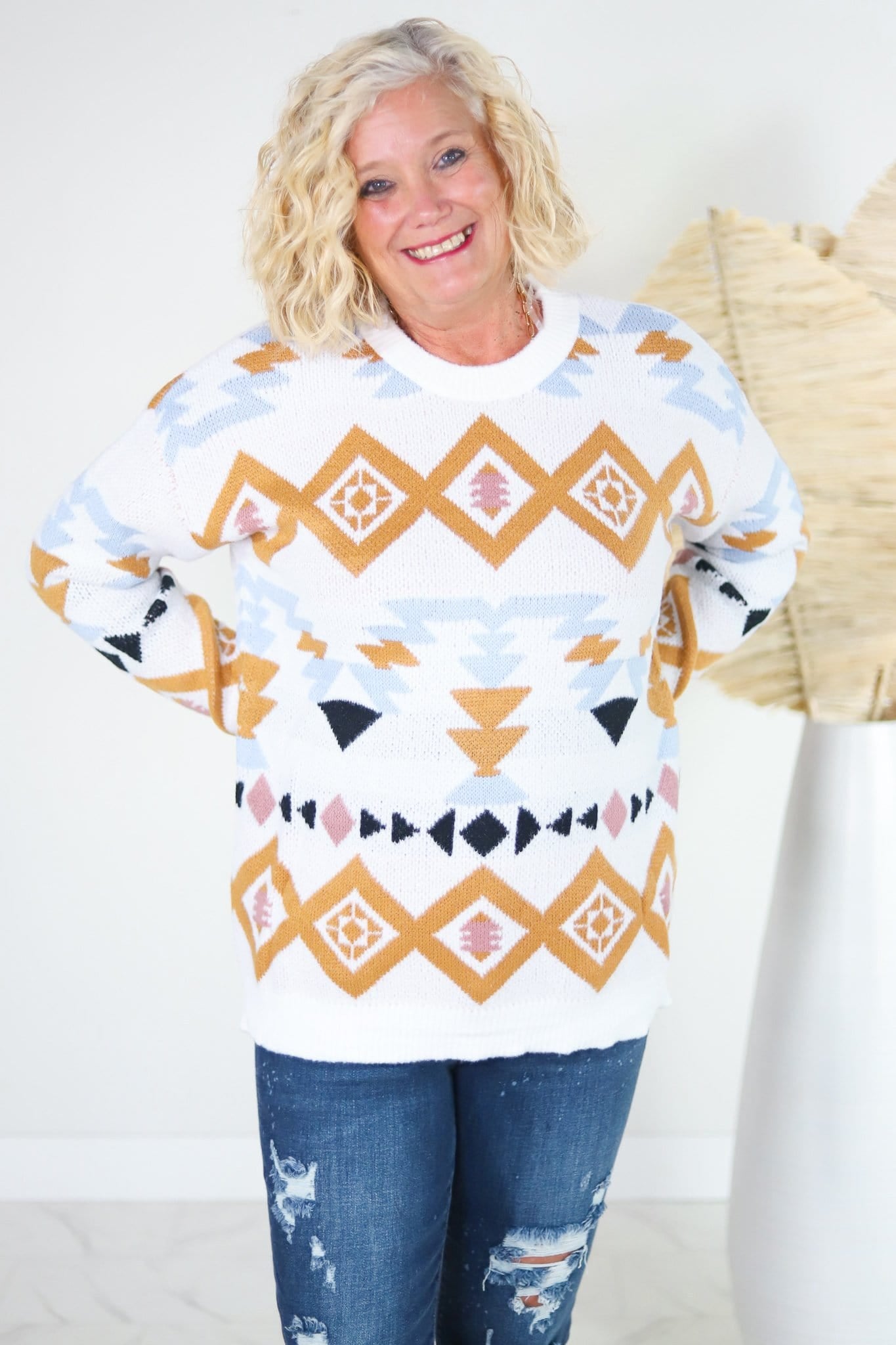 Ivory Aztec Pattern Pullover Sweater