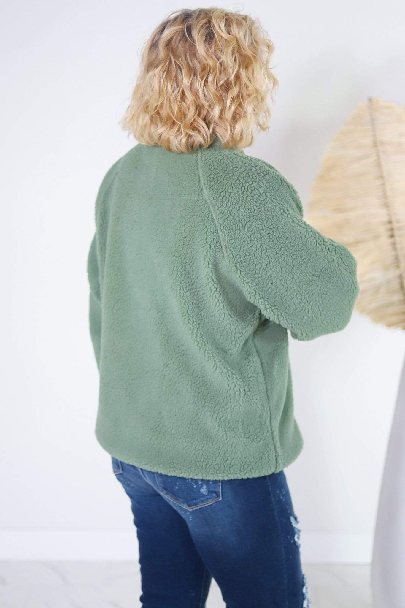 Olive Collared Half Snap Chest Pocket Sherpa