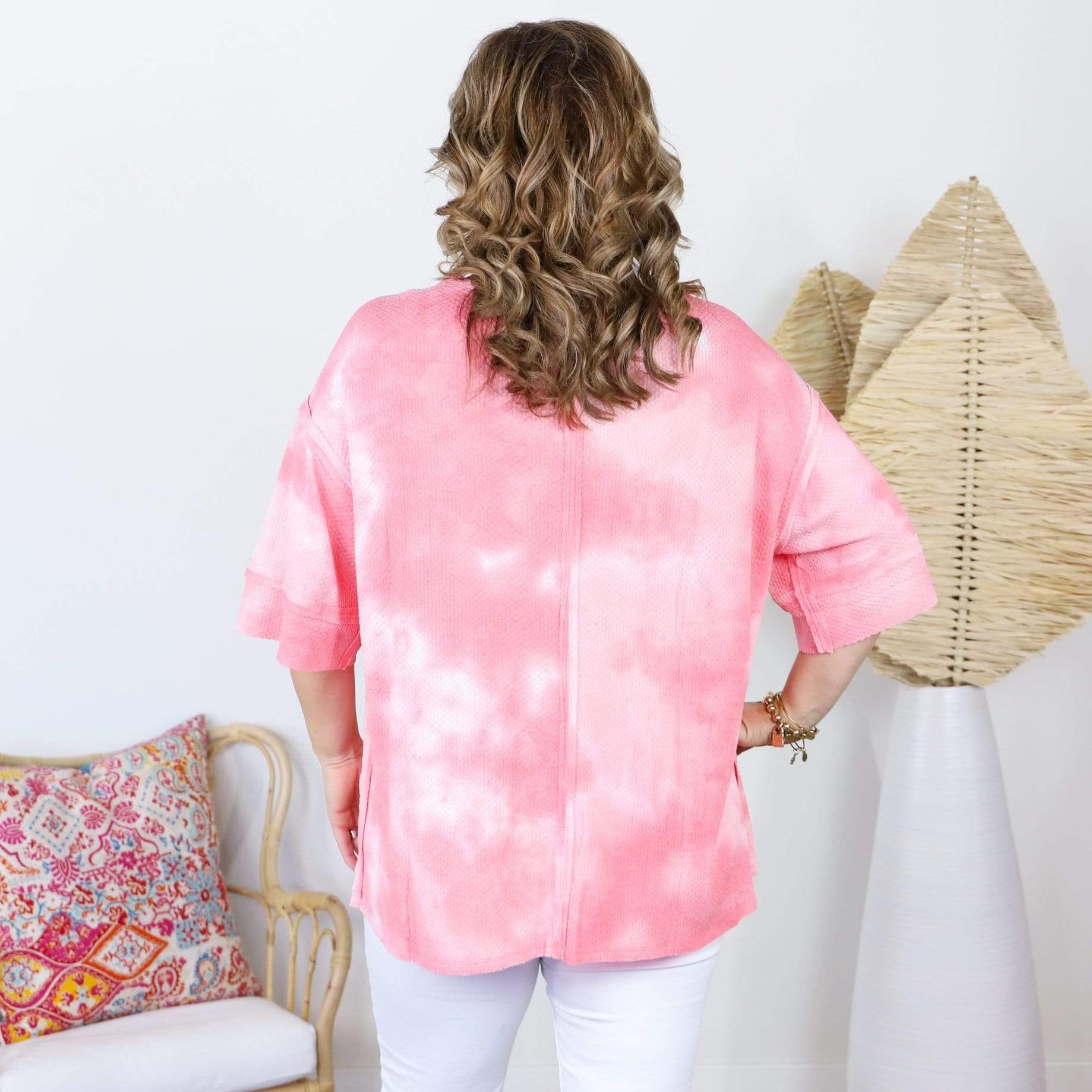 coral tie dye knit 3/4 sleeve top