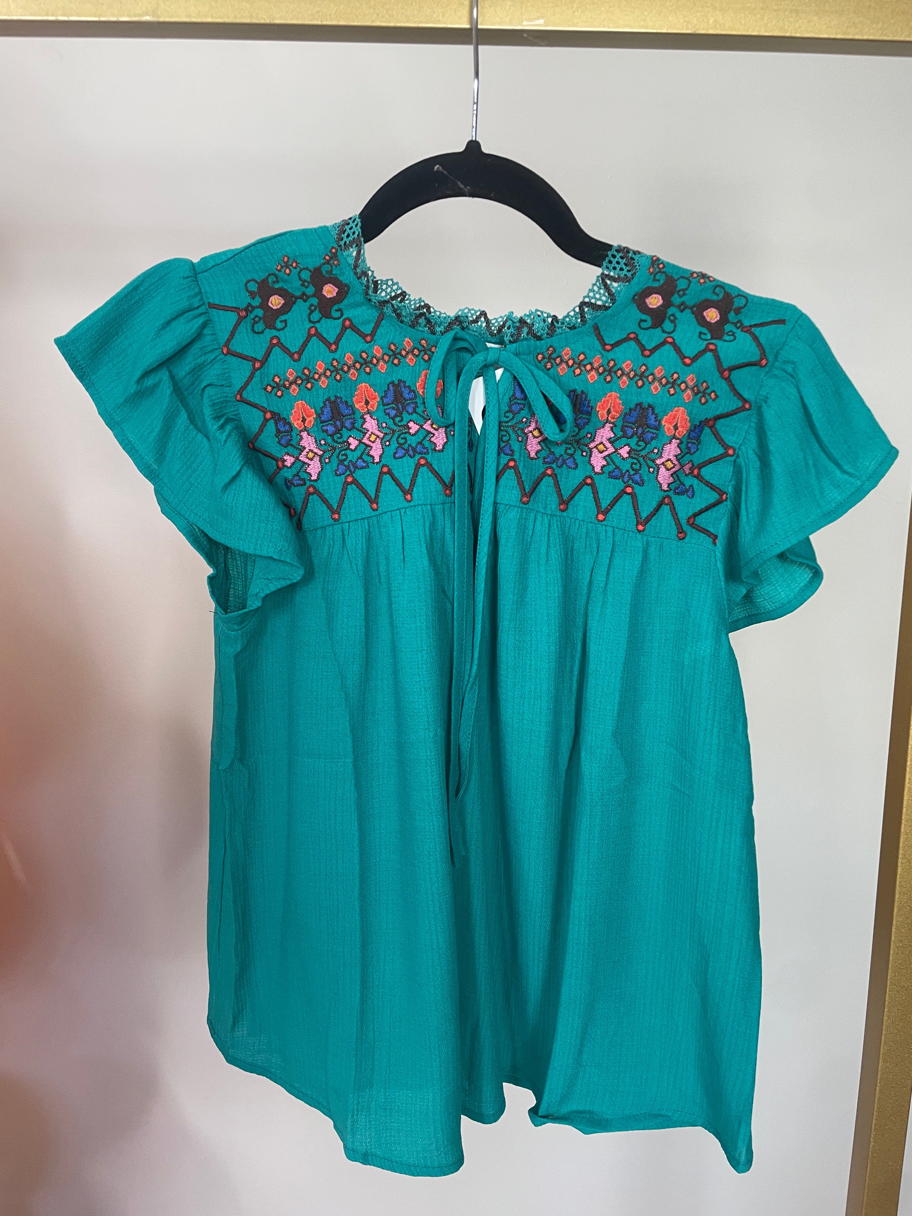 Teal Embroidered Split Neck Top