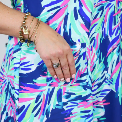 Navy Tropical Print Pocket Swing Dress