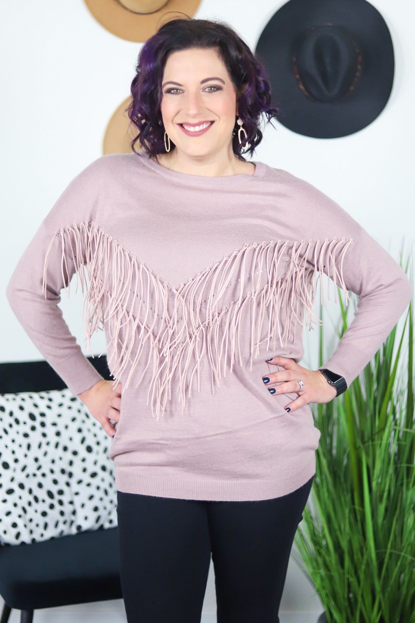 Dusty Rose Dolman Fringe Sweater
