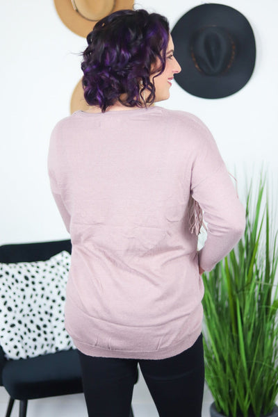 Dusty Rose Dolman Fringe Sweater