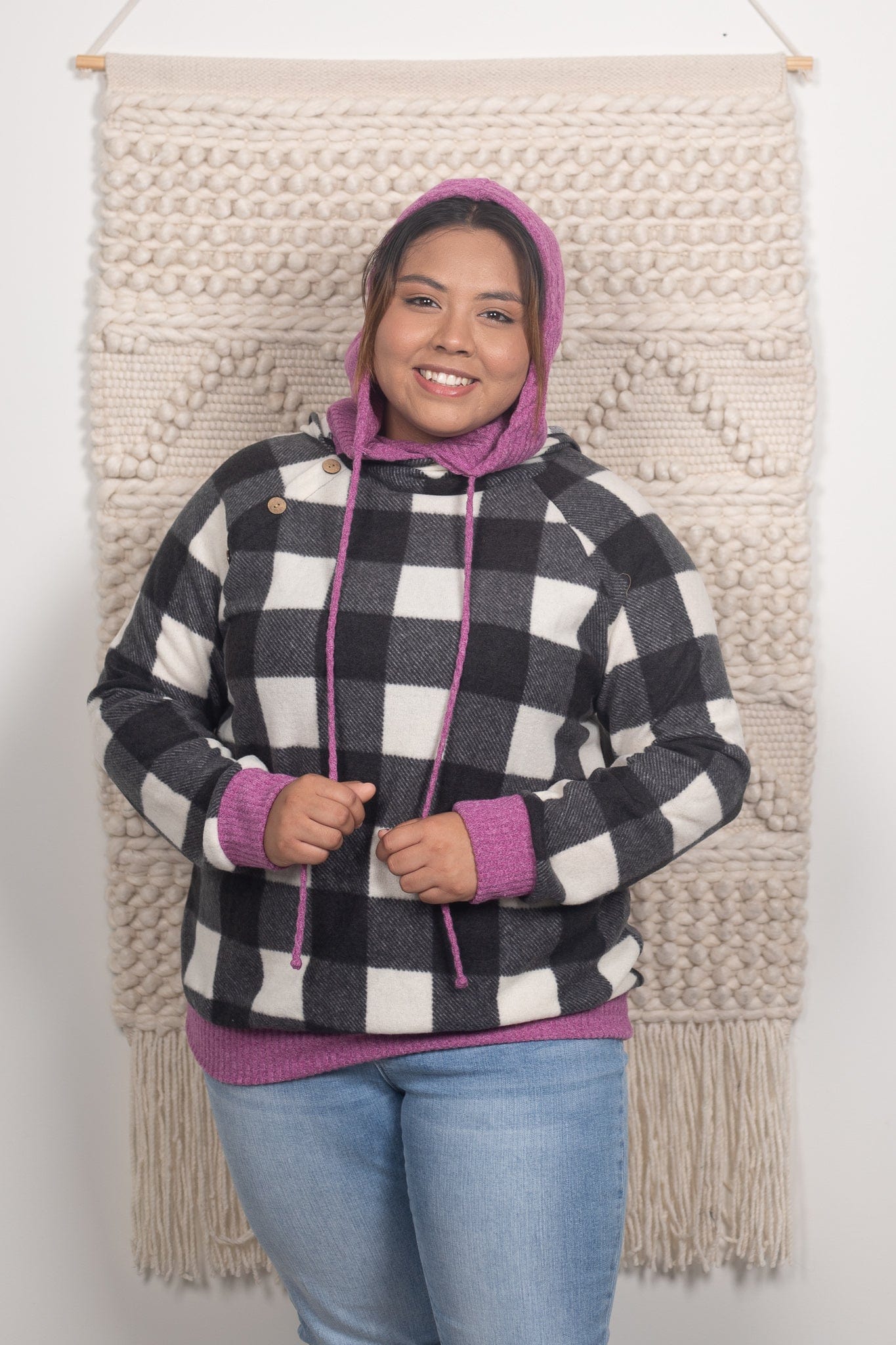 Black Check Magenta Detail Double Hoodie