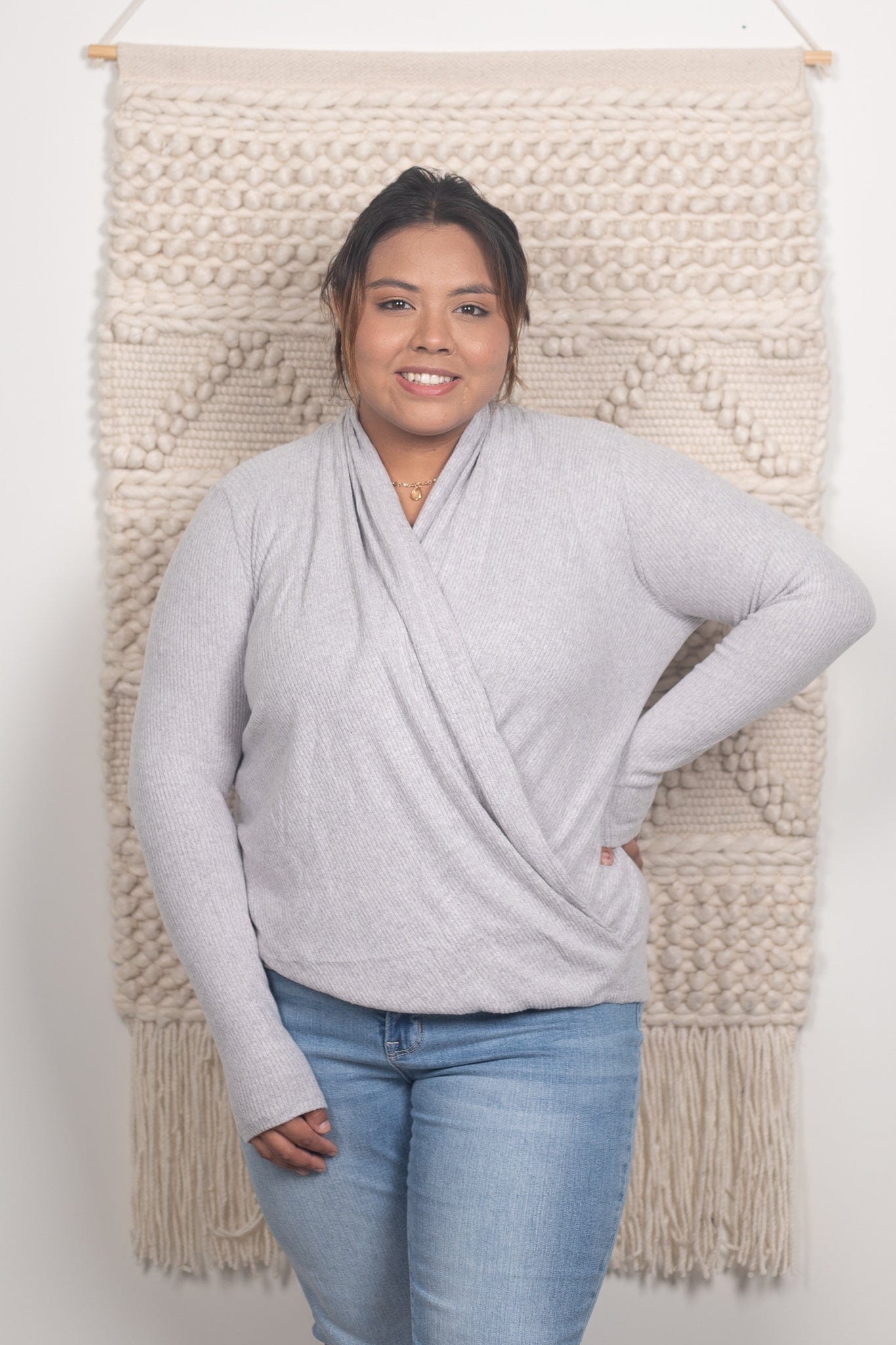 Grey Brushed Ribbed Wrap Top