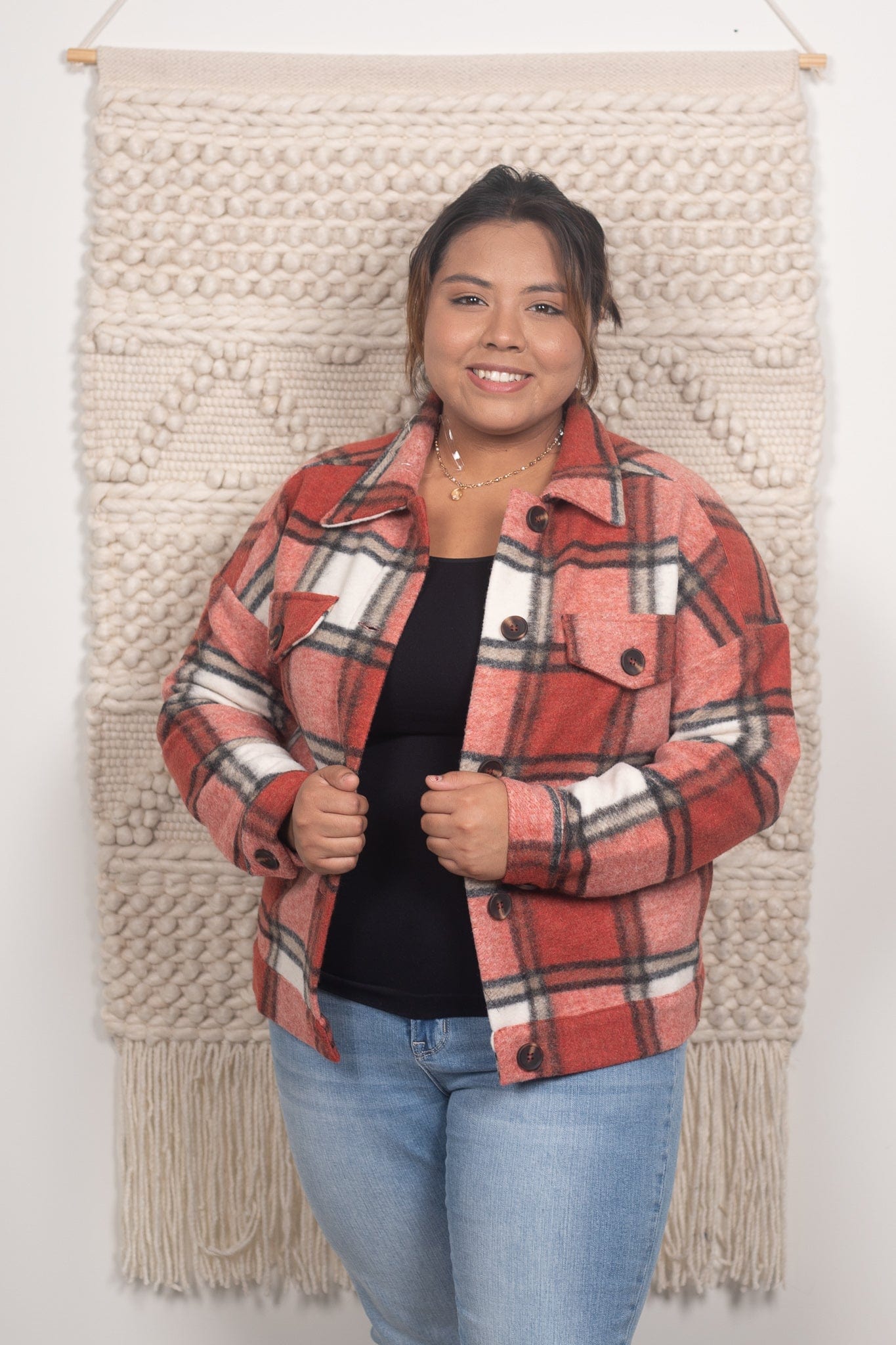 Red & Ivory Button Down Shacket