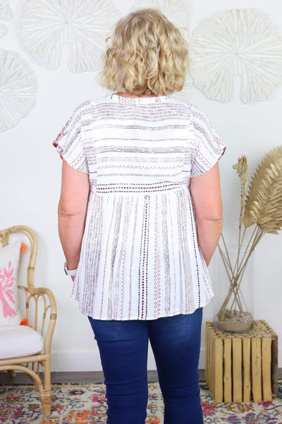 ivory stripe embroidered short sleeve top 