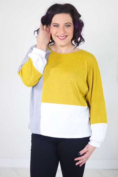 Mustard Balloon Sleeve Colorblock Sweater