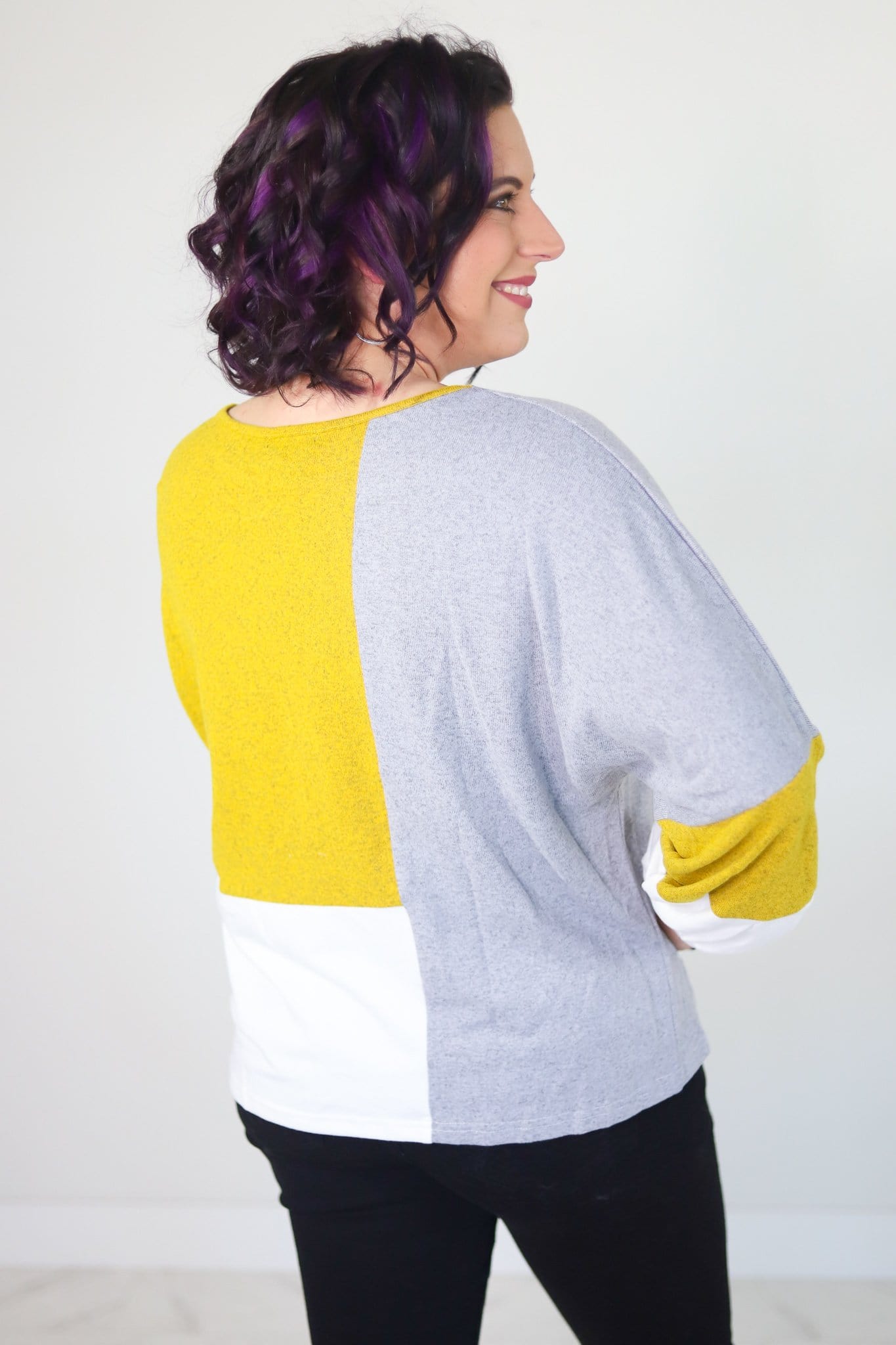 Mustard Balloon Sleeve Colorblock Sweater
