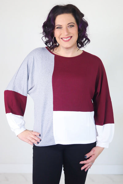 Burgundy Balloon Sleeve Colorblock Sweater