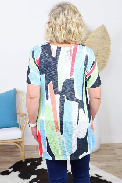 multi color pattern short sleeve sweater