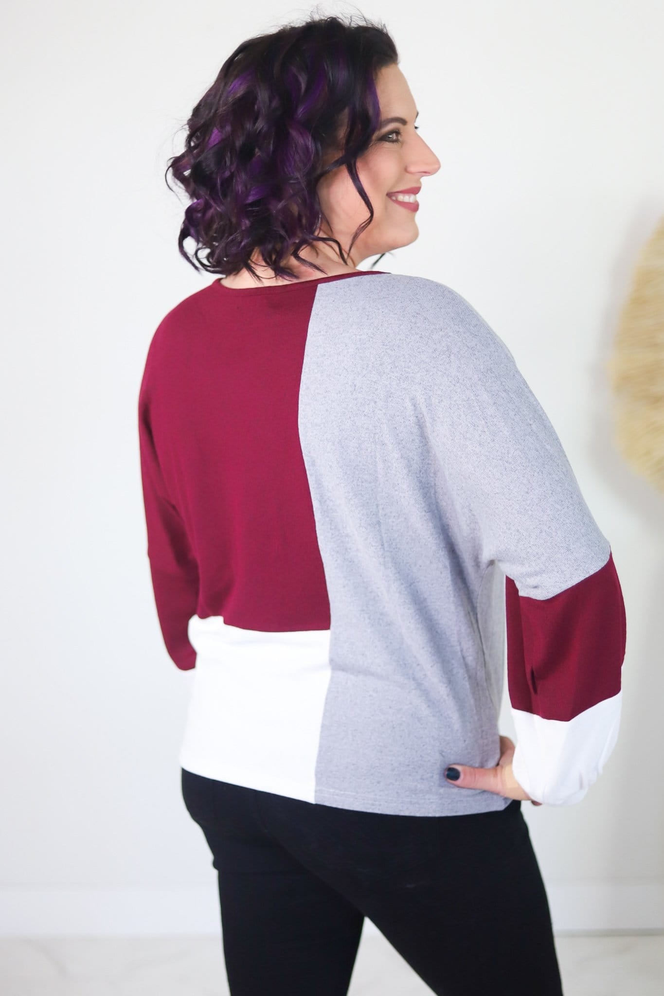 Burgundy Balloon Sleeve Colorblock Sweater