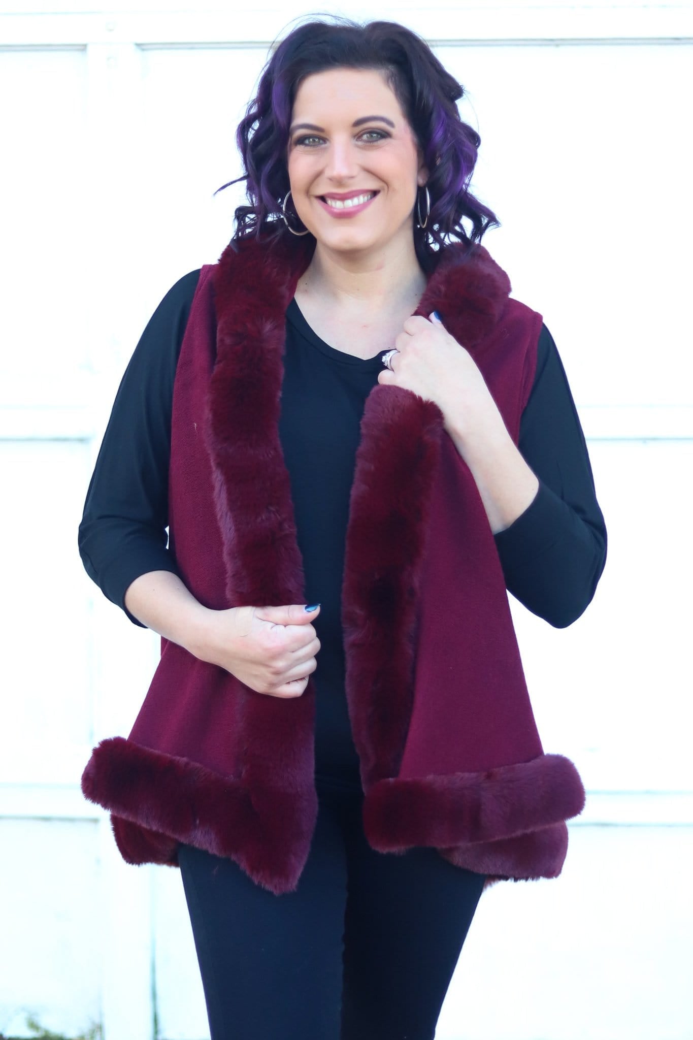 Burgundy Trimmed Faux Fur Hooded Vest