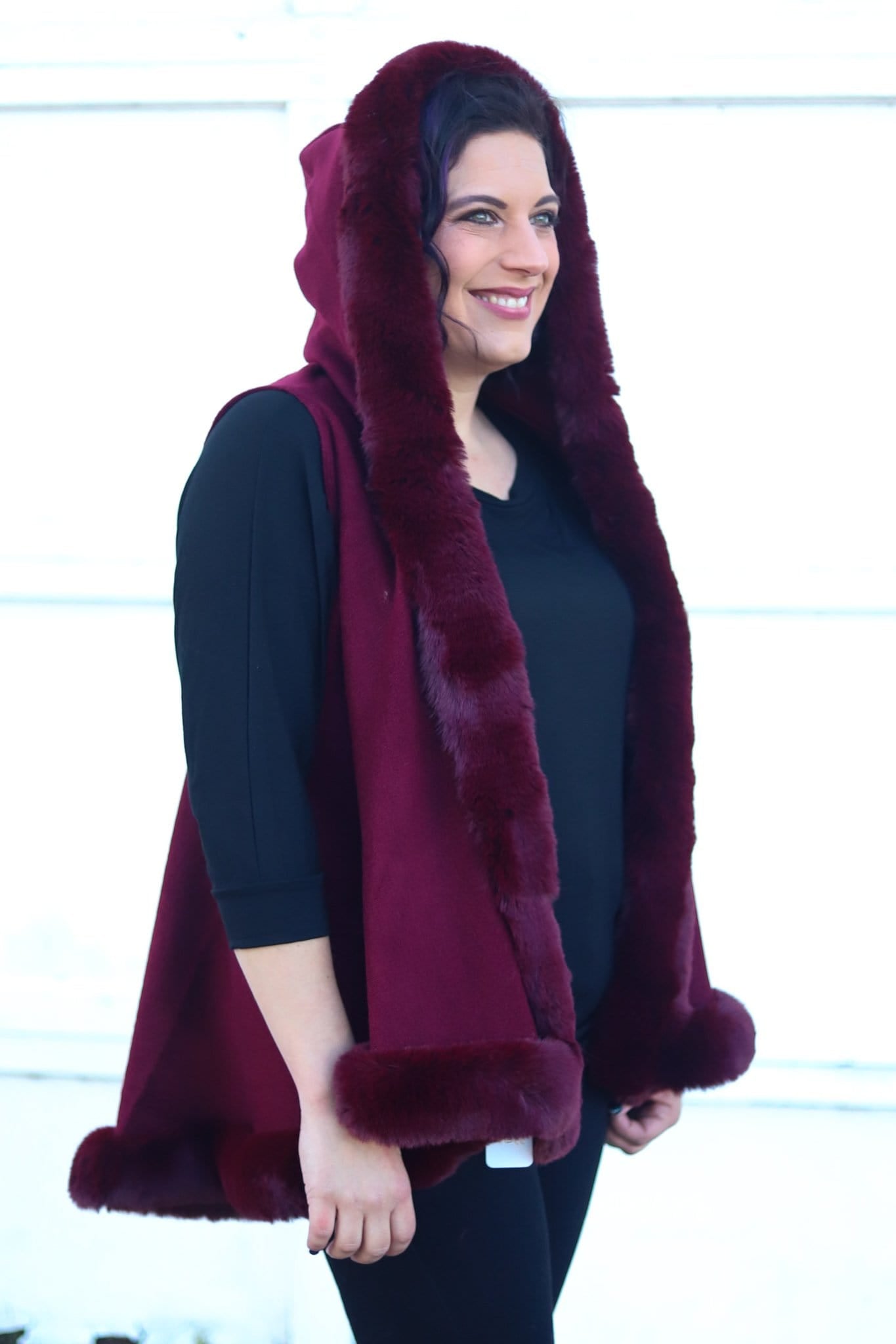 Burgundy Trimmed Faux Fur Hooded Vest