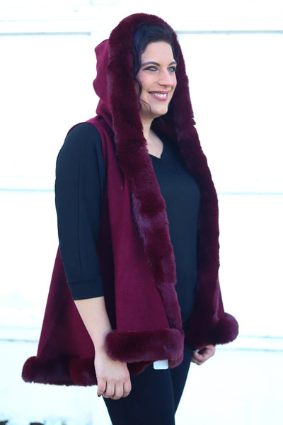 Burgundy Trimmed Faux Fur Hooded Vest
