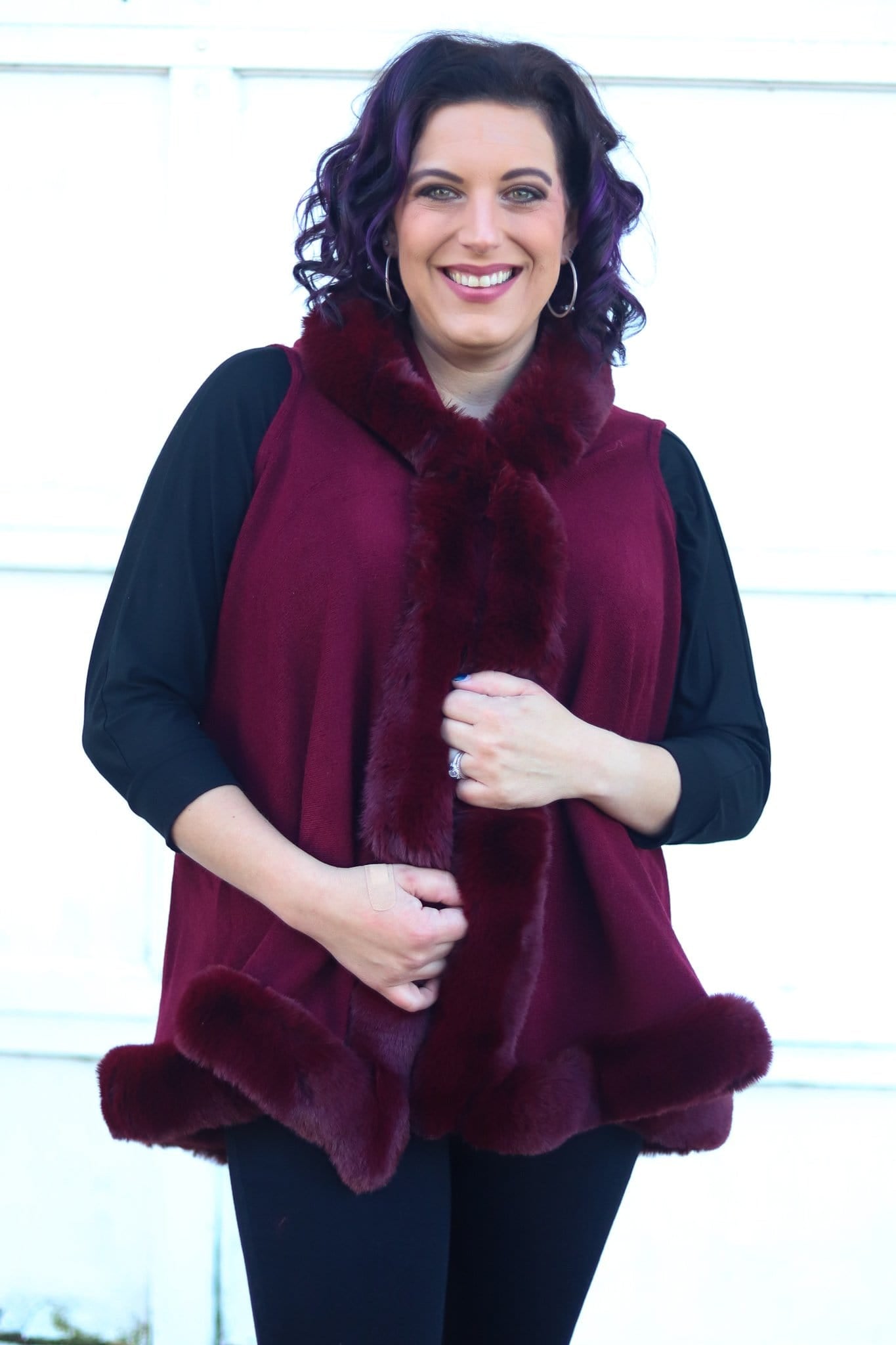 Burgundy Trimmed Faux Fur Hooded Vest