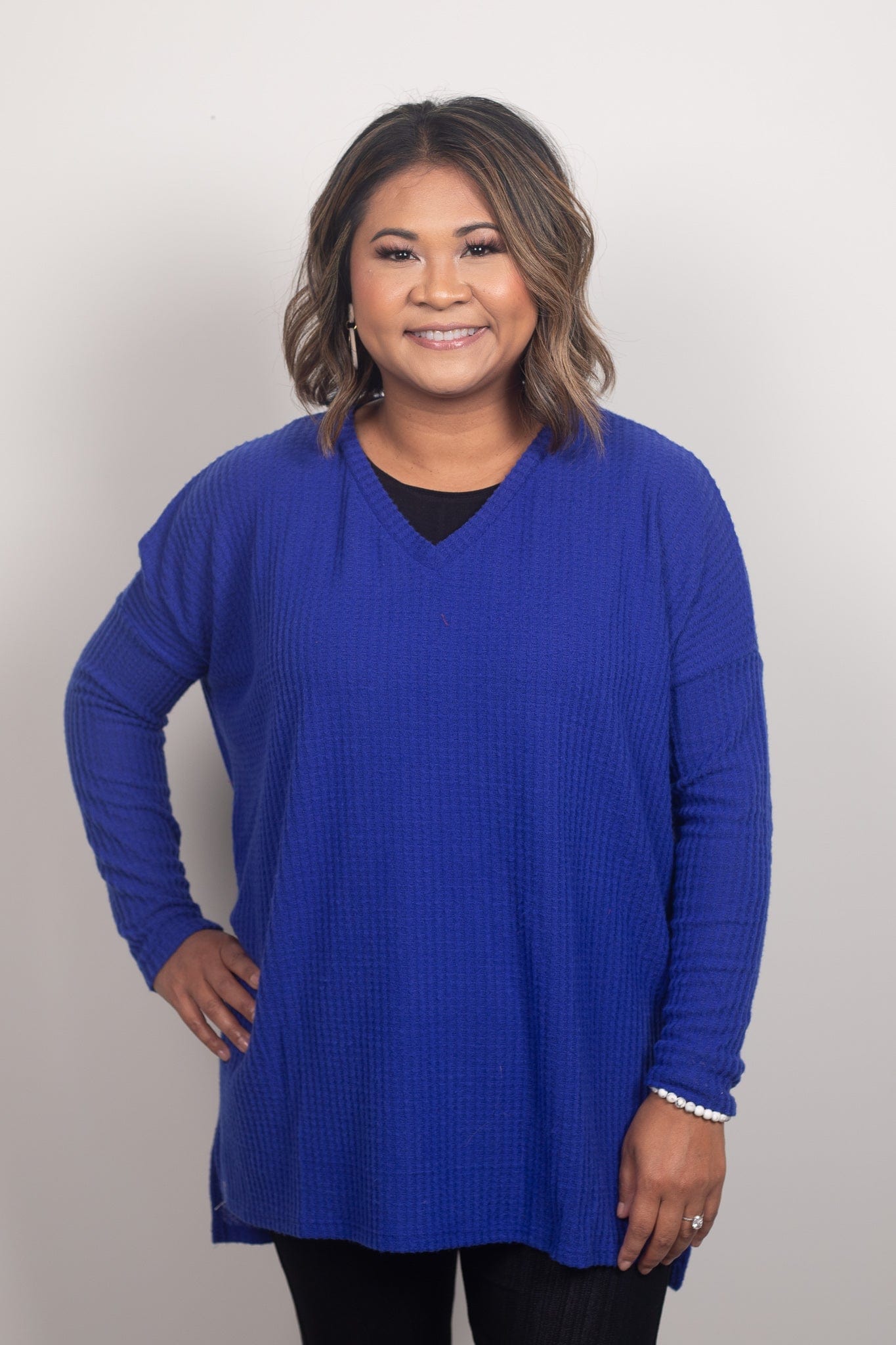 Bright Blue VNeck Hi-Low Swtr