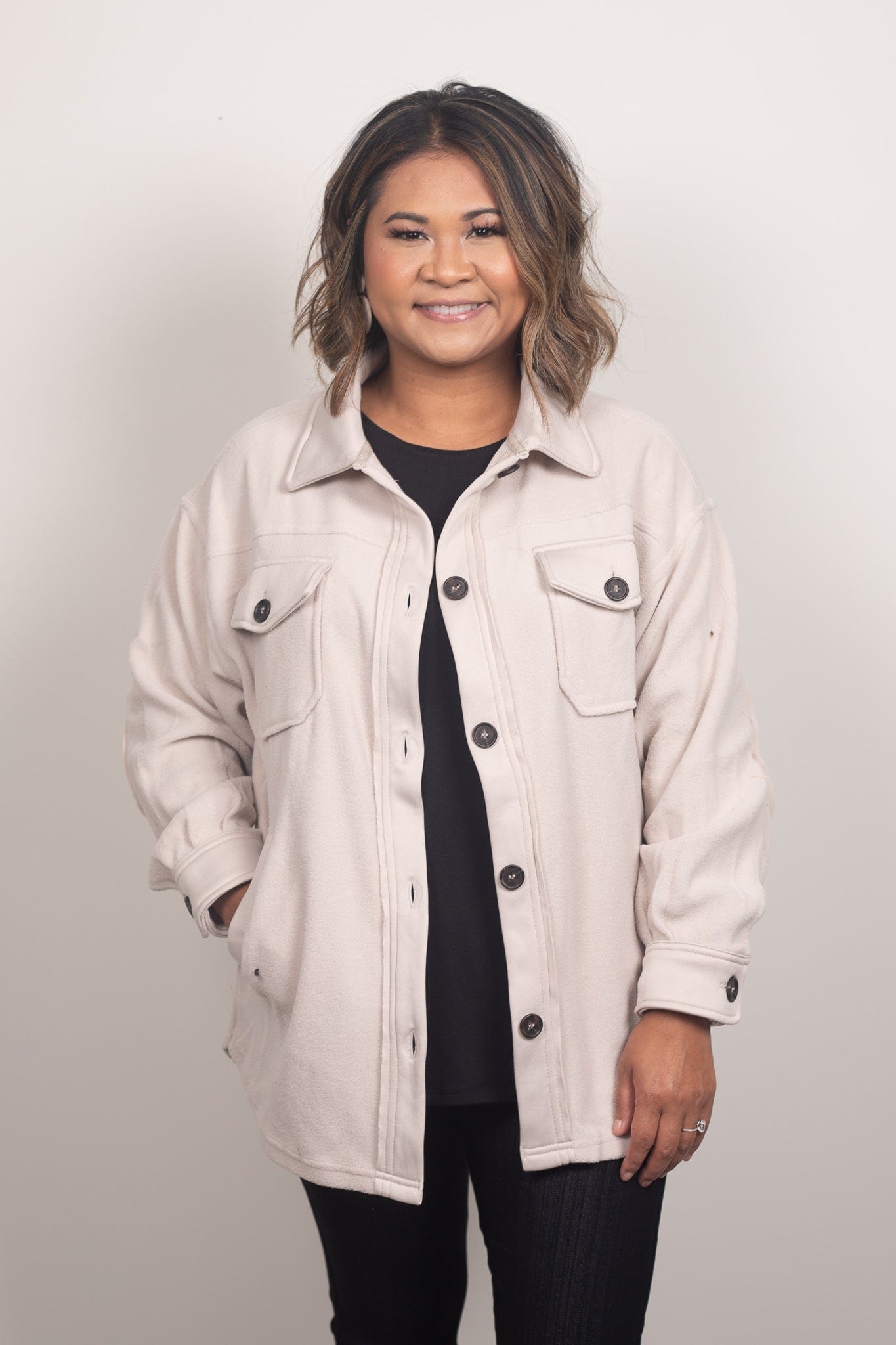 Sand Beige Oversized Basic Fleece Shacket