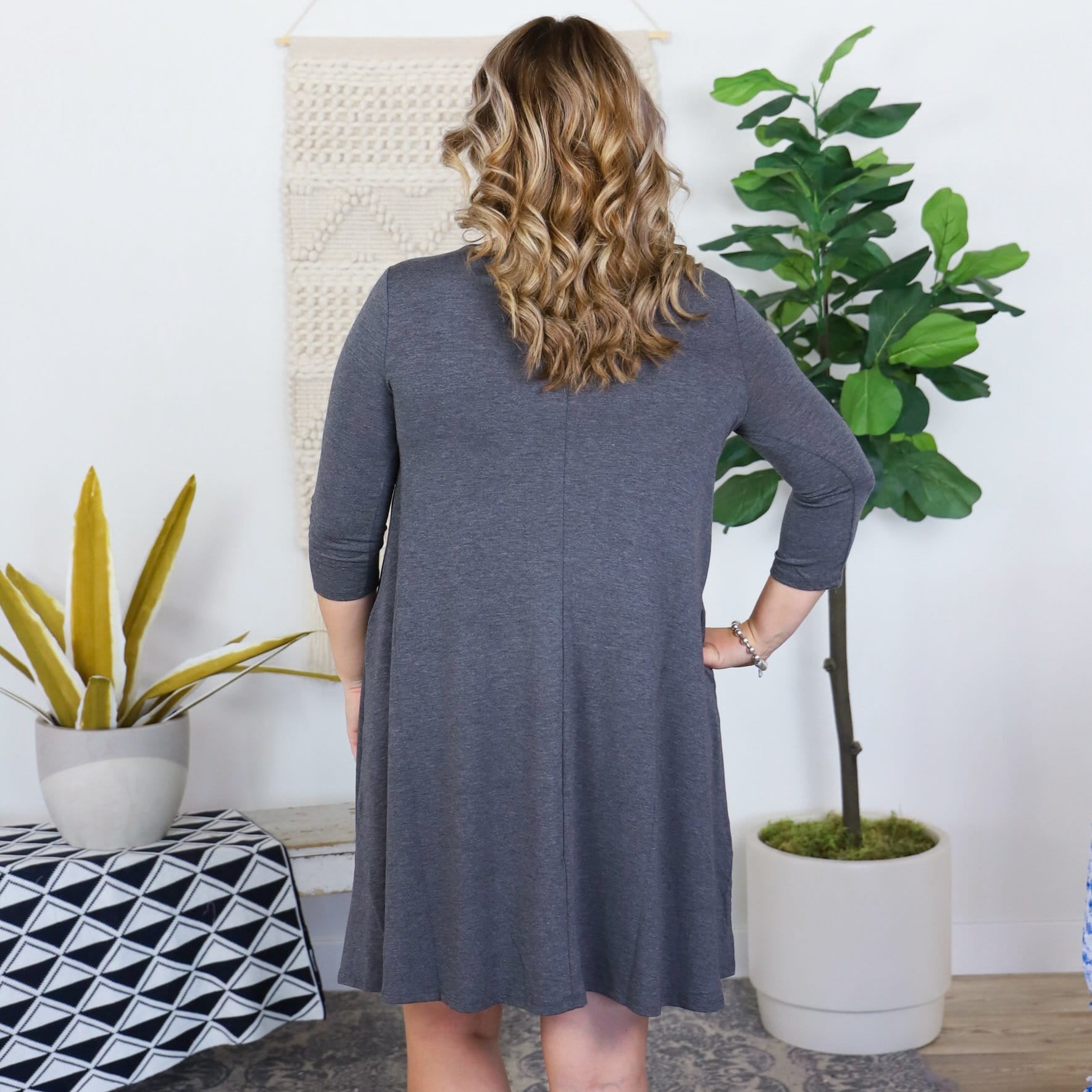 Earth Tones 3/4 Sleeve Flare Pocket Dress