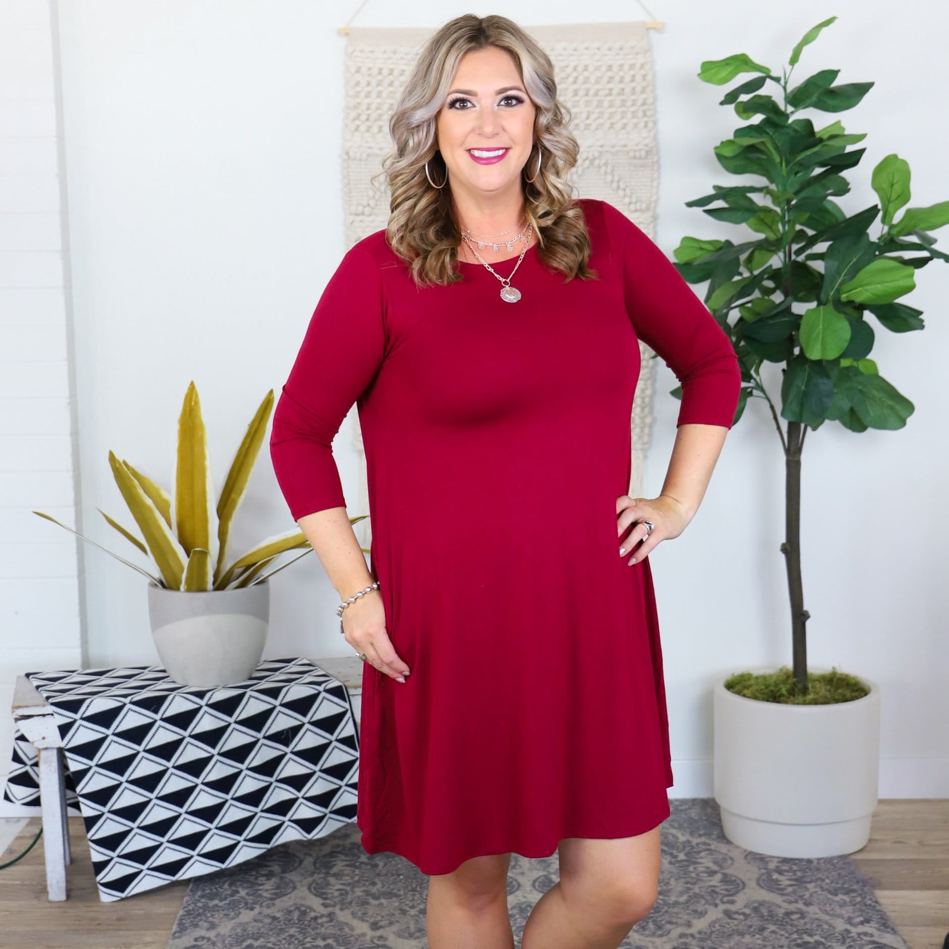 Earth Tones 3/4 Sleeve Flare Pocket Dress
