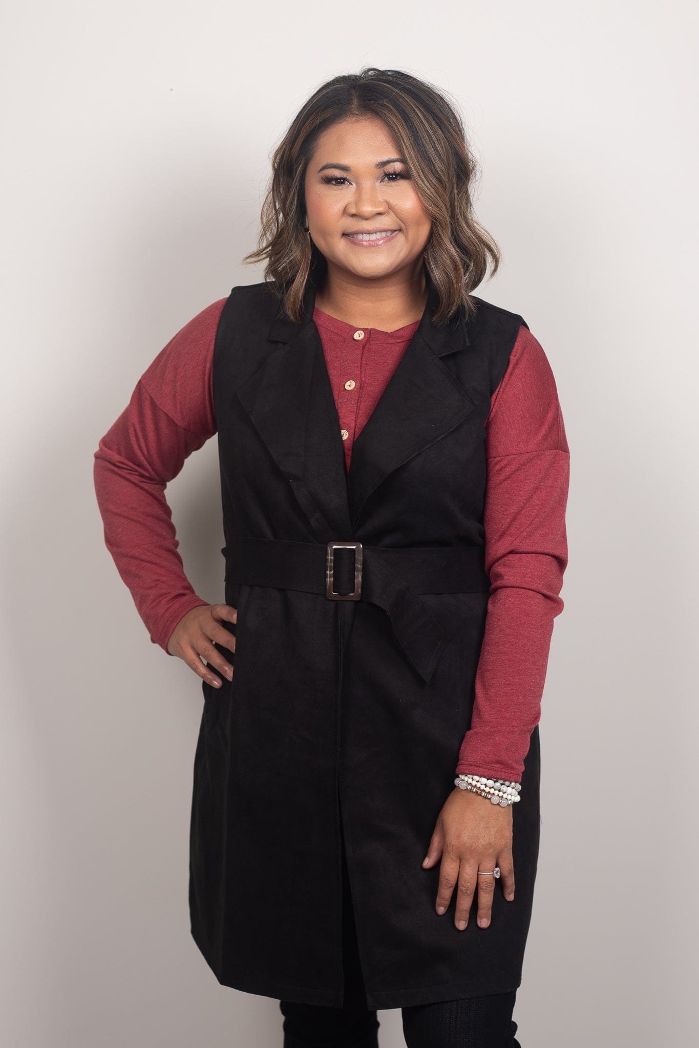Black Suede Belted Long Vest